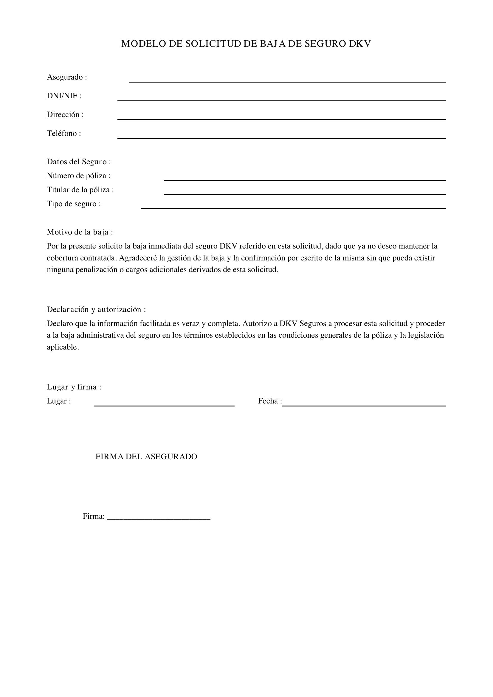 Modelo Solicitud Baja Seguro Dkv