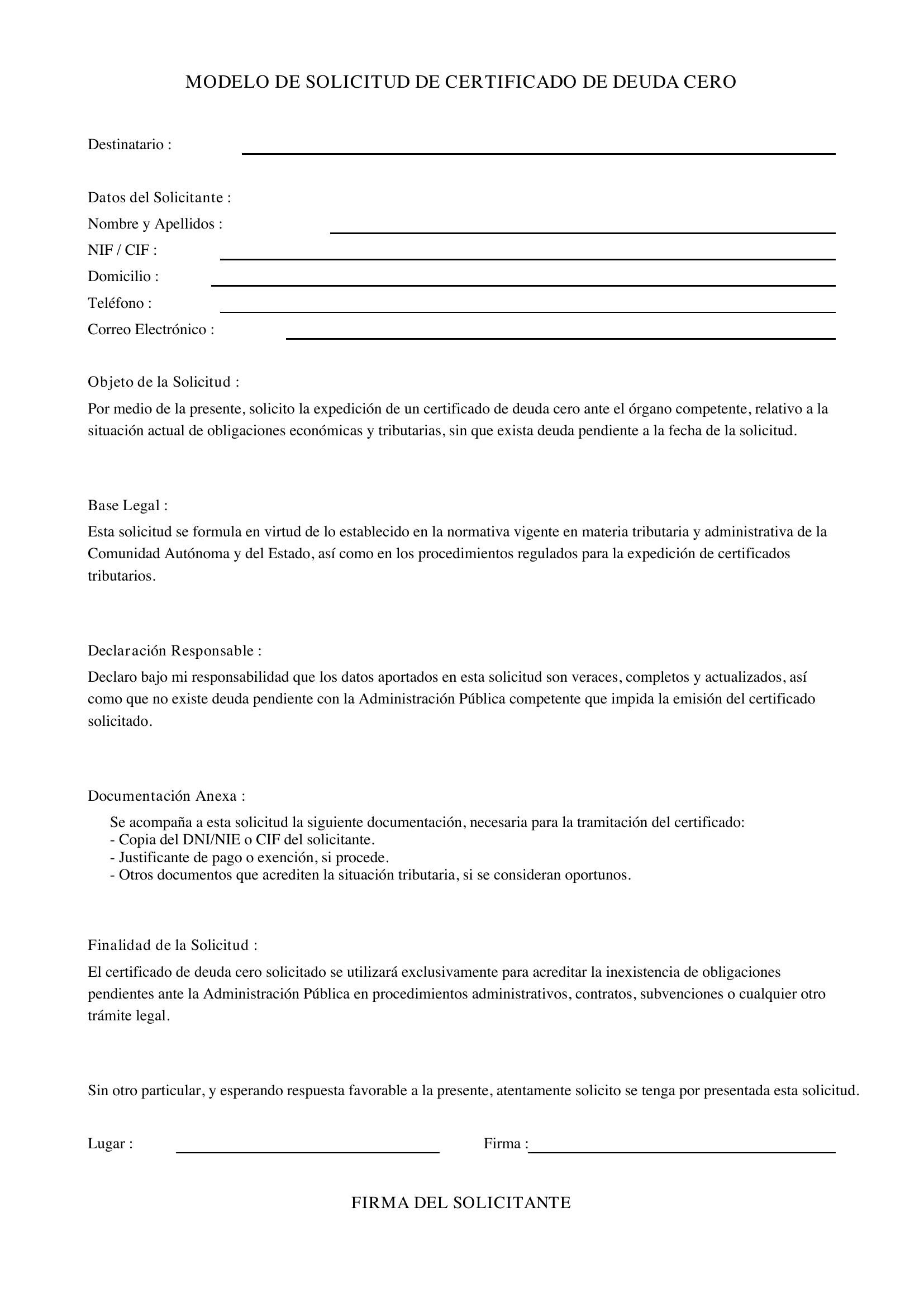 Modelo Solicitud Certificado Deuda Cero