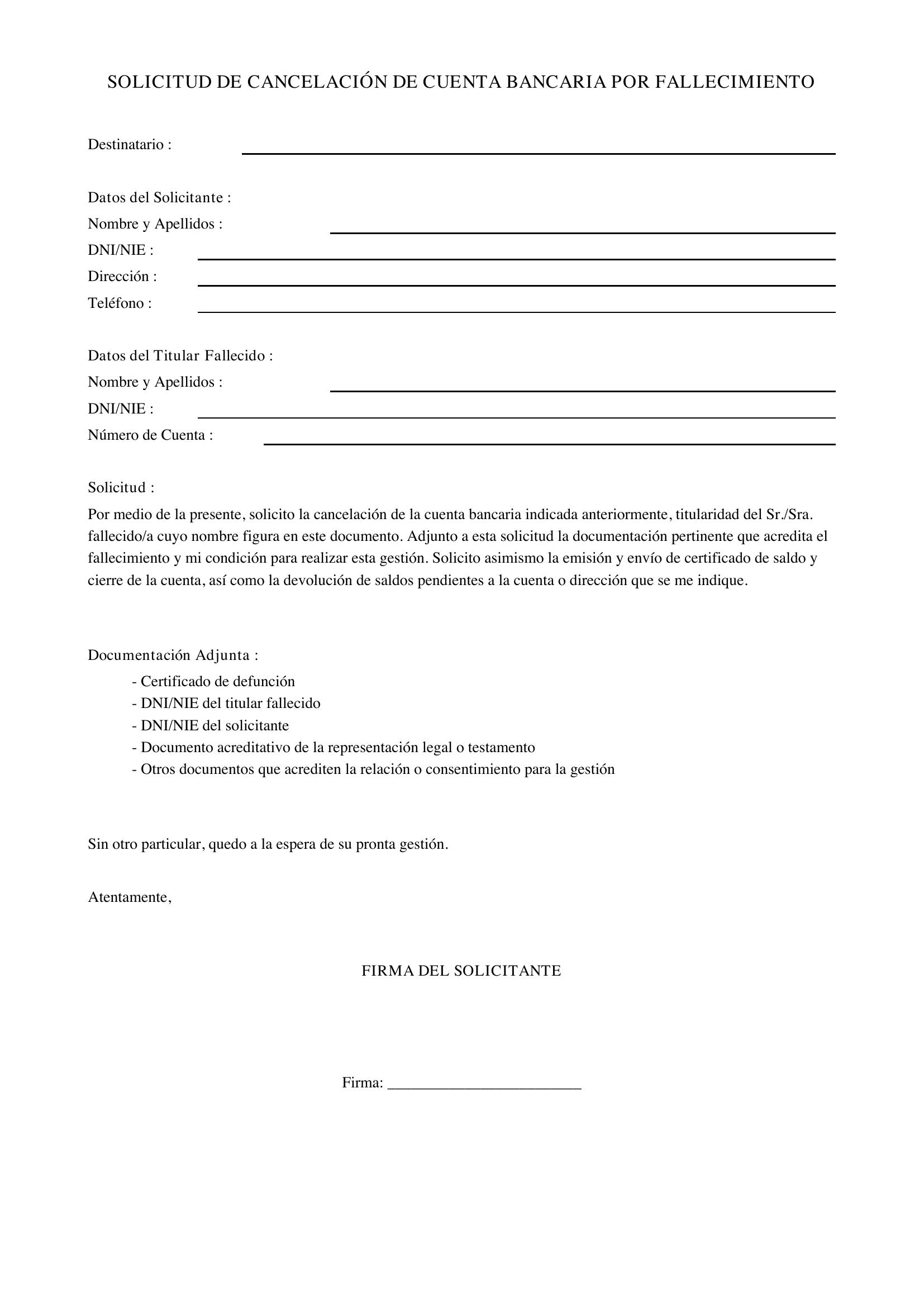 Solicitud Modelo De Carta Para Cancelar Cuenta Bancaria Por Fallecimiento